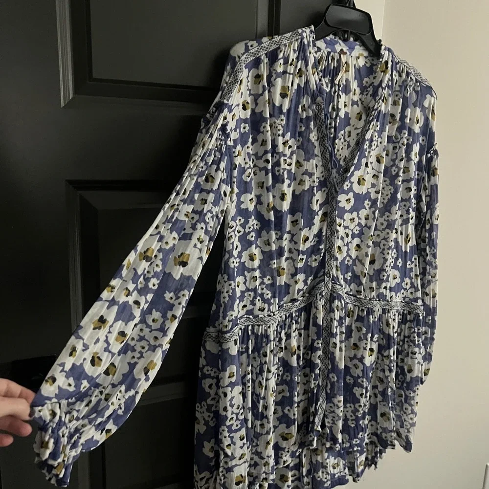 Free People Blue Floral‎ Dress XS Tiered Button Front Boho